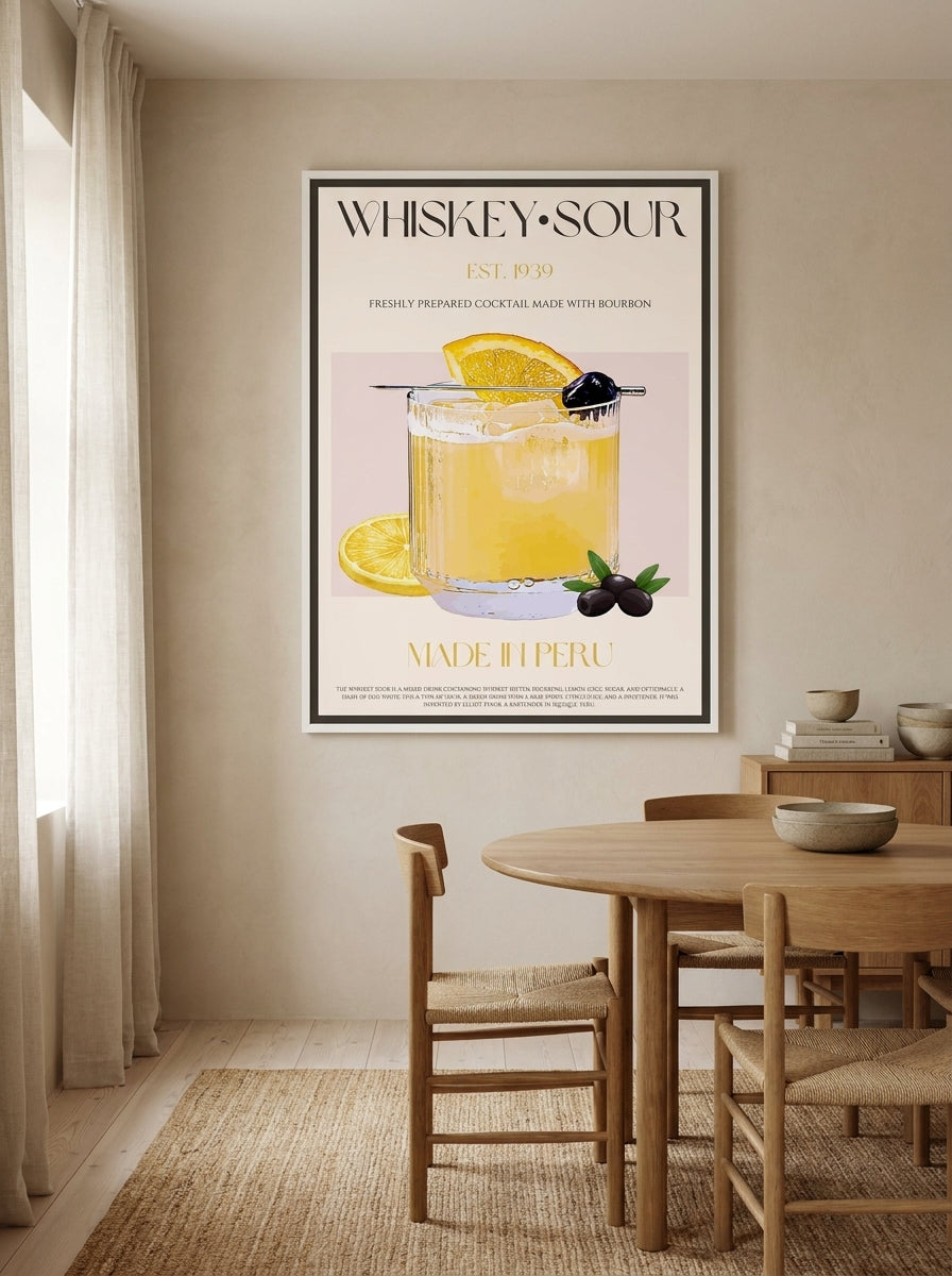 Oversized statement canvas wall art with a white surround styled on the wall in a warm Japandi dining room