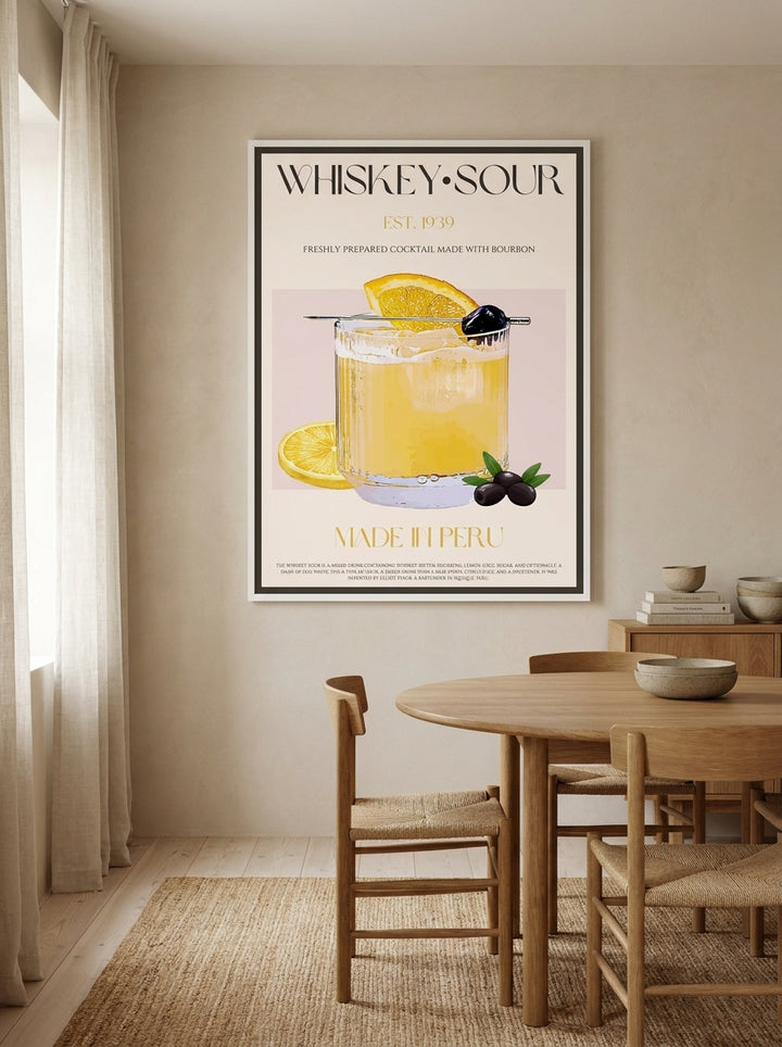 Oversized statement canvas wall art with a white surround styled on the wall in a warm Japandi dining room
