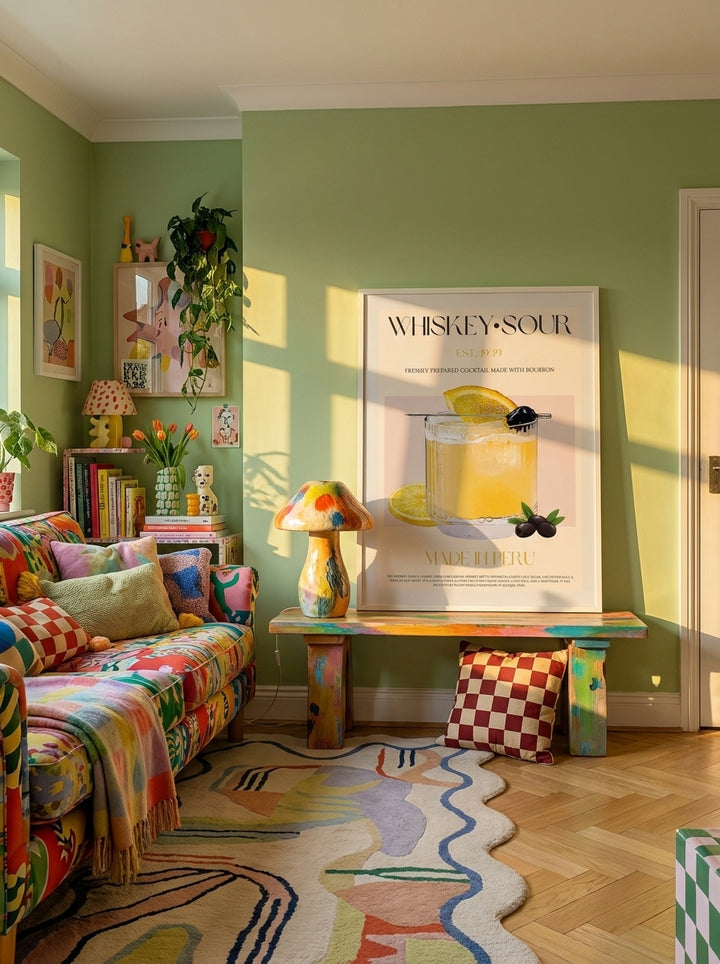 Modern wall art print standing on a side table in a colourful eclectic living room