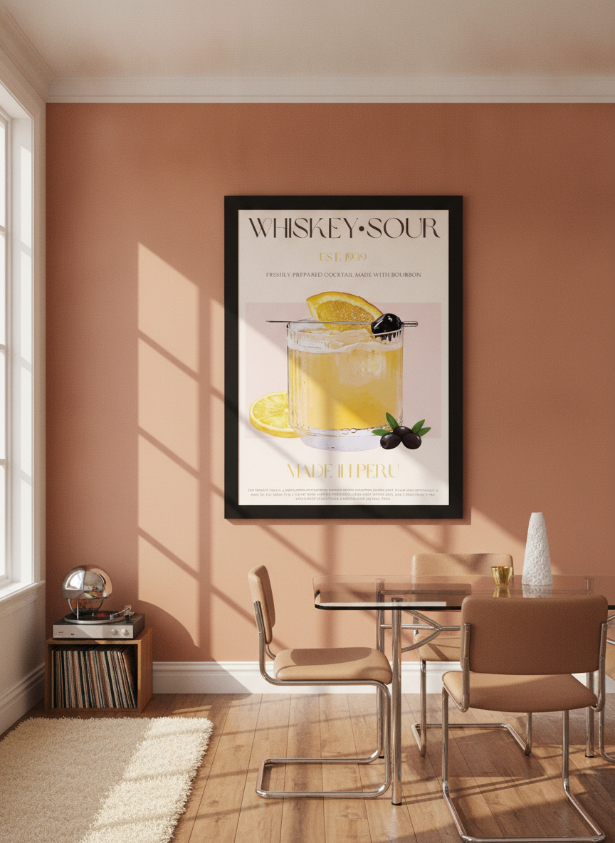 Oversized statement modern wall art print styled on the wall in a retro 70s dining room