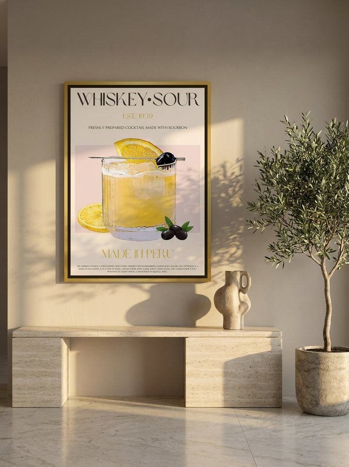 Canvas wall art with a gold leaf surround styled on the wall in a luxe living room