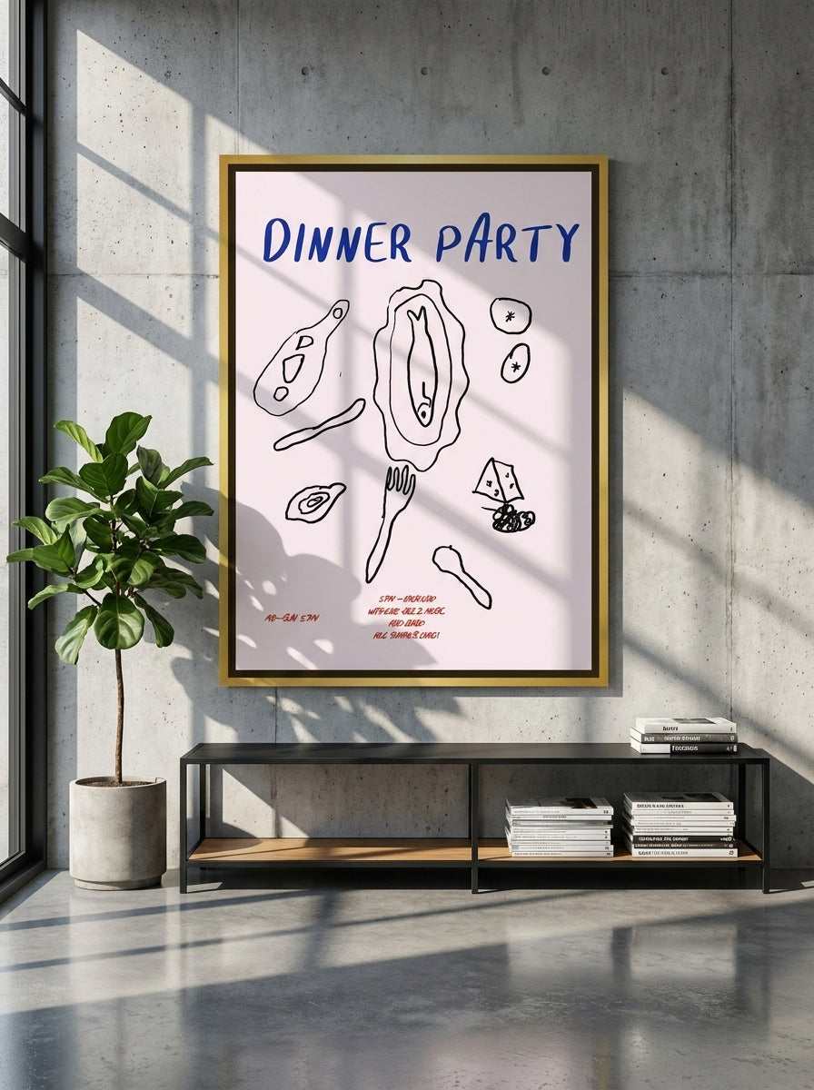 Oversized statement canvas wall art with a gold leaf surround styled on the wall in an industrial loft living room