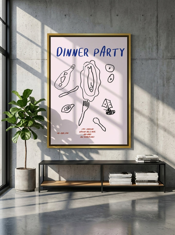 Oversized statement canvas wall art with a gold leaf surround styled on the wall in an industrial loft living room
