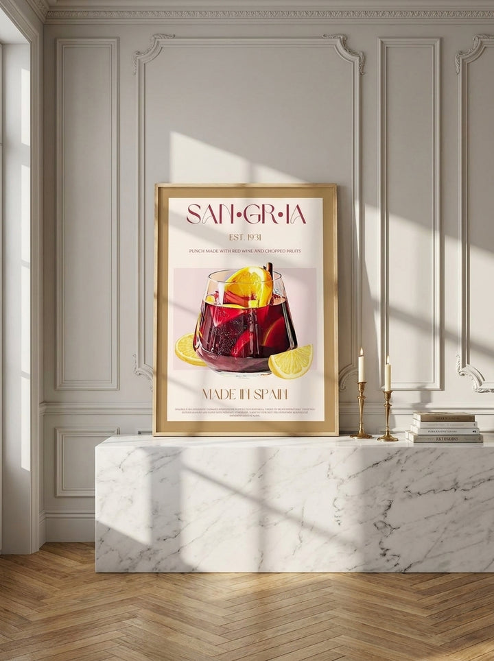 Modern wall art print standing on a kitchen bench in a Parisian kitchen