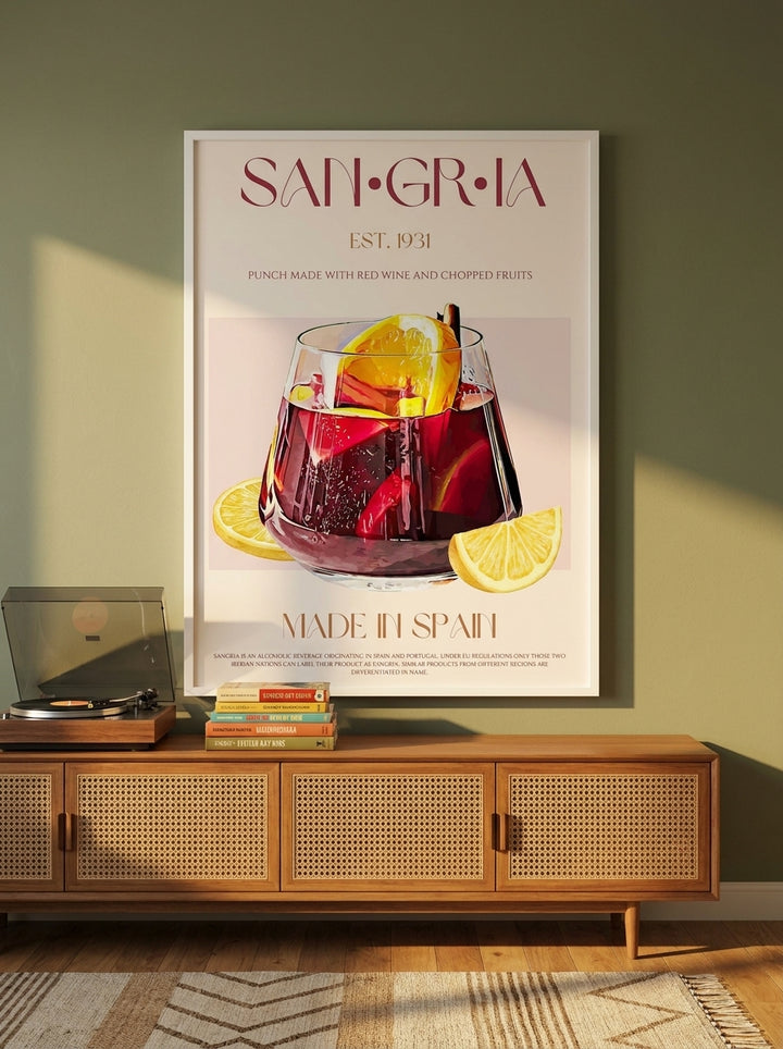 Modern wall art print styled on the wall in a mid-century living room