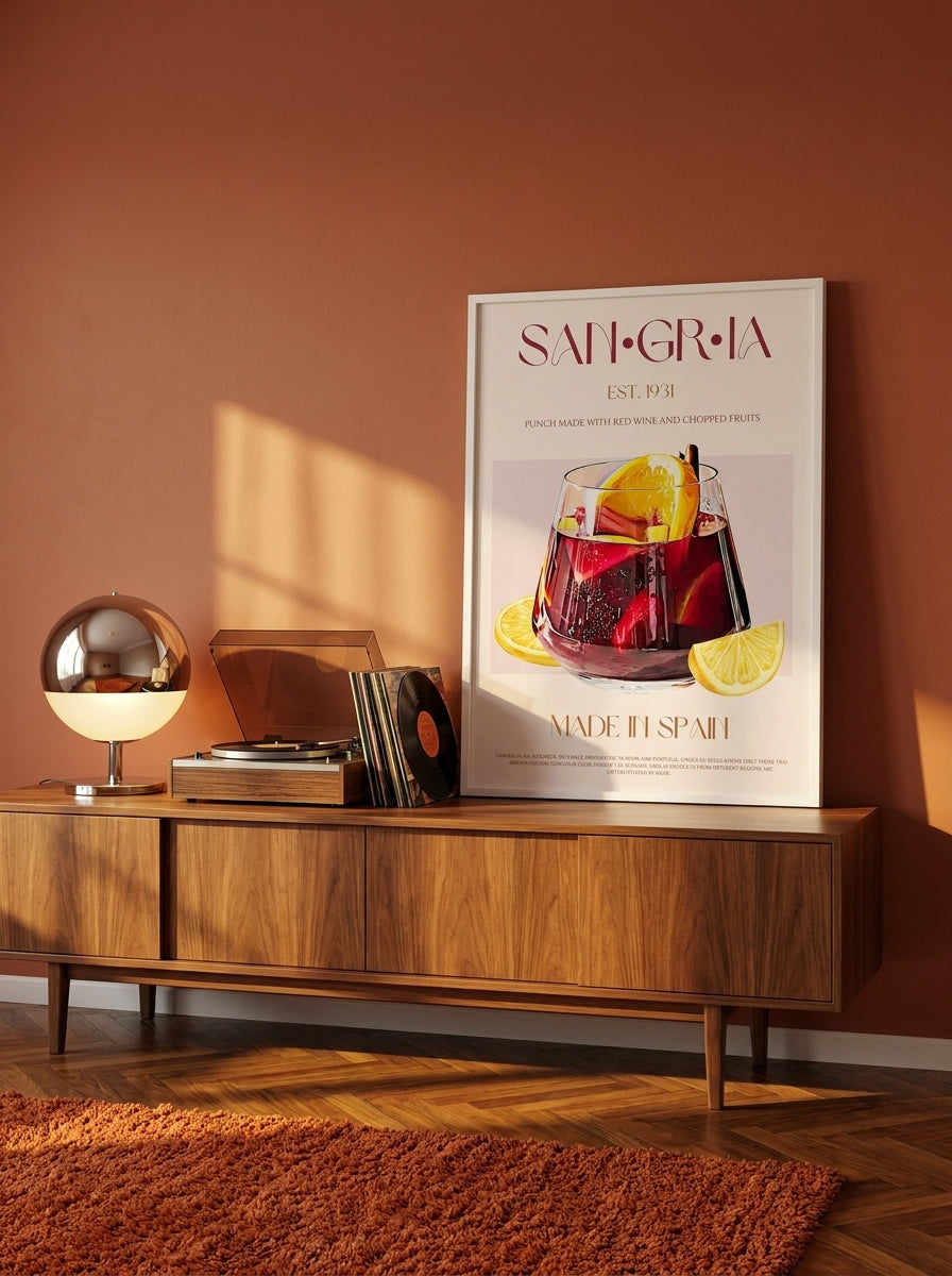 Modern wall art print standing on a sideboard in a retro 70s living room