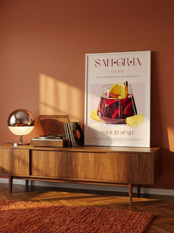 Modern wall art print standing on a sideboard in a retro 70s living room