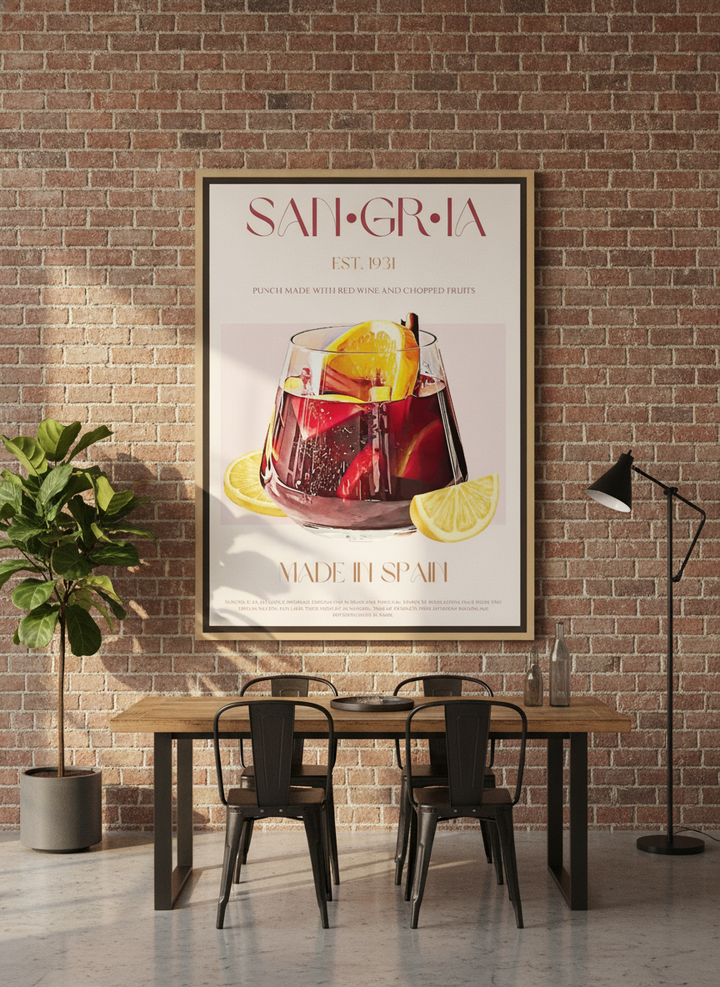 Oversized statement canvas wall art with a natural timber surround styled on the wall in an industrial loft dining room