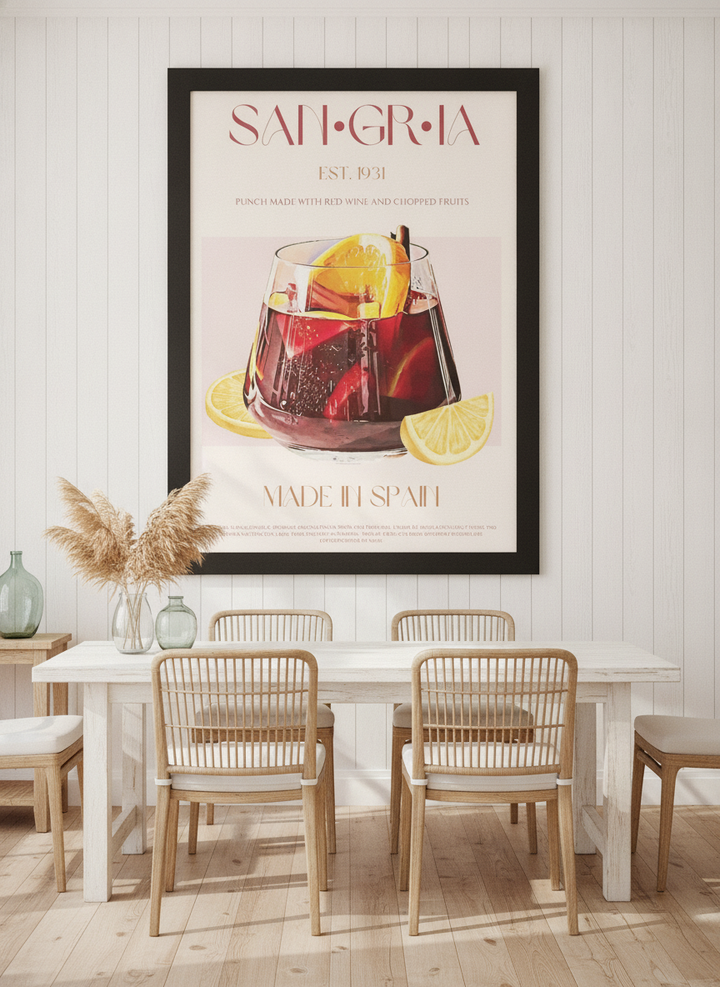 Oversized statement modern wall art print styled on the wall in a coastal dining room