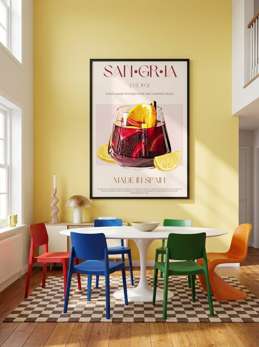 Oversized statement modern wall art print styled on the wall in a colourful eclectic dining room