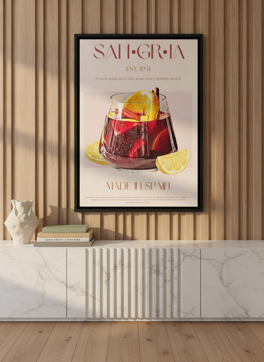 Canvas wall art with a black surround standing on a sideboard in a luxe living room