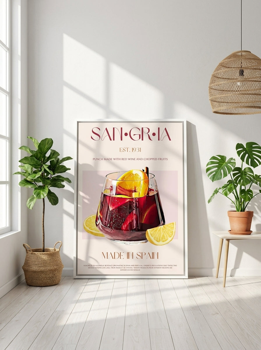 Canvas wall art with a white surround leaning against the wall in a bright Scandinavian kitchen