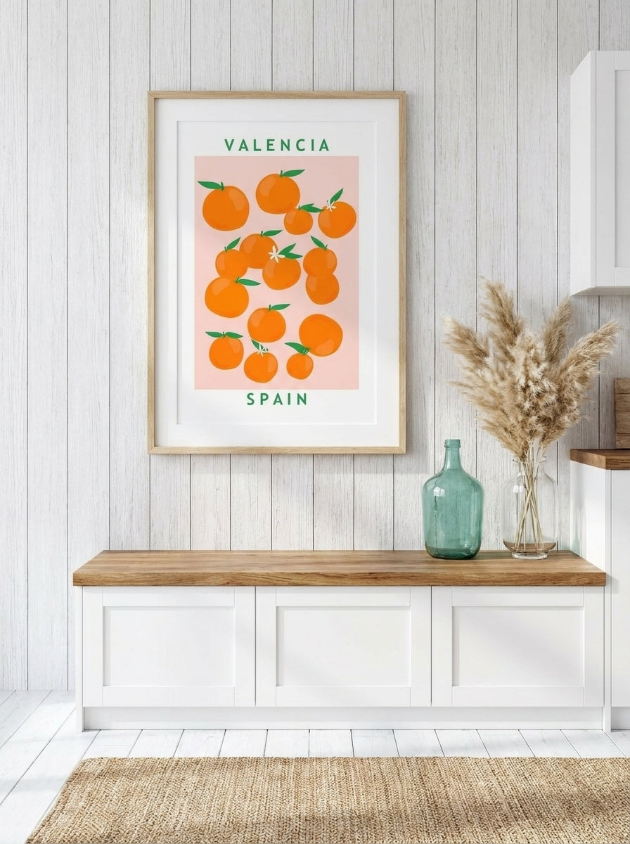 Modern wall art print styled on the wall in a coastal kitchen