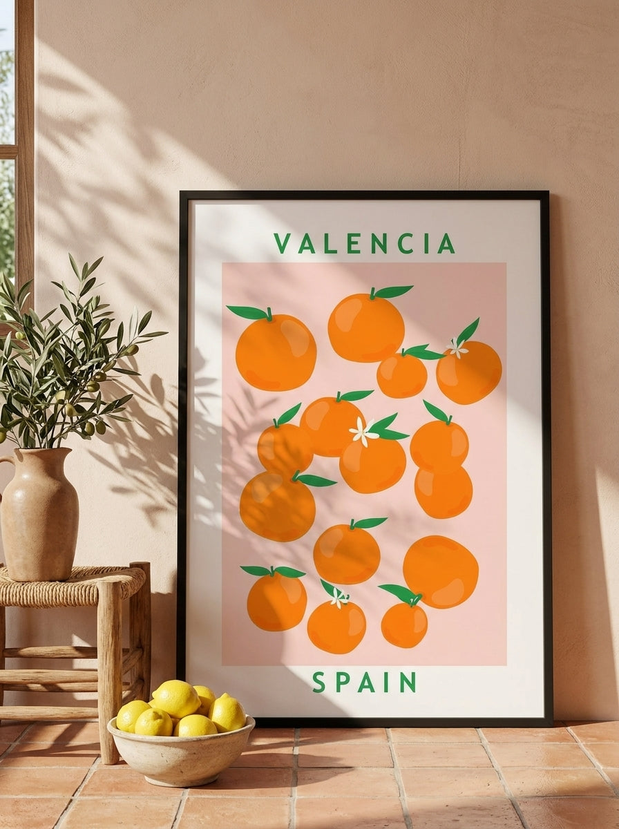 Oversized statement modern wall art print leaning against the wall in a Mediterranean dining room