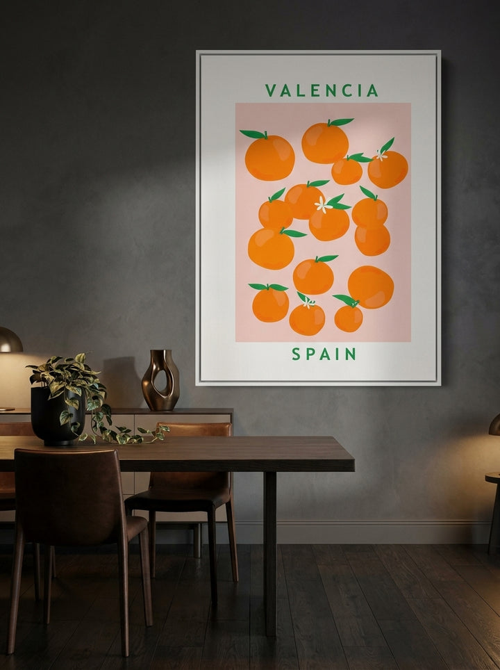 Oversized statement canvas wall art with a white surround styled on the wall in a moody dining room