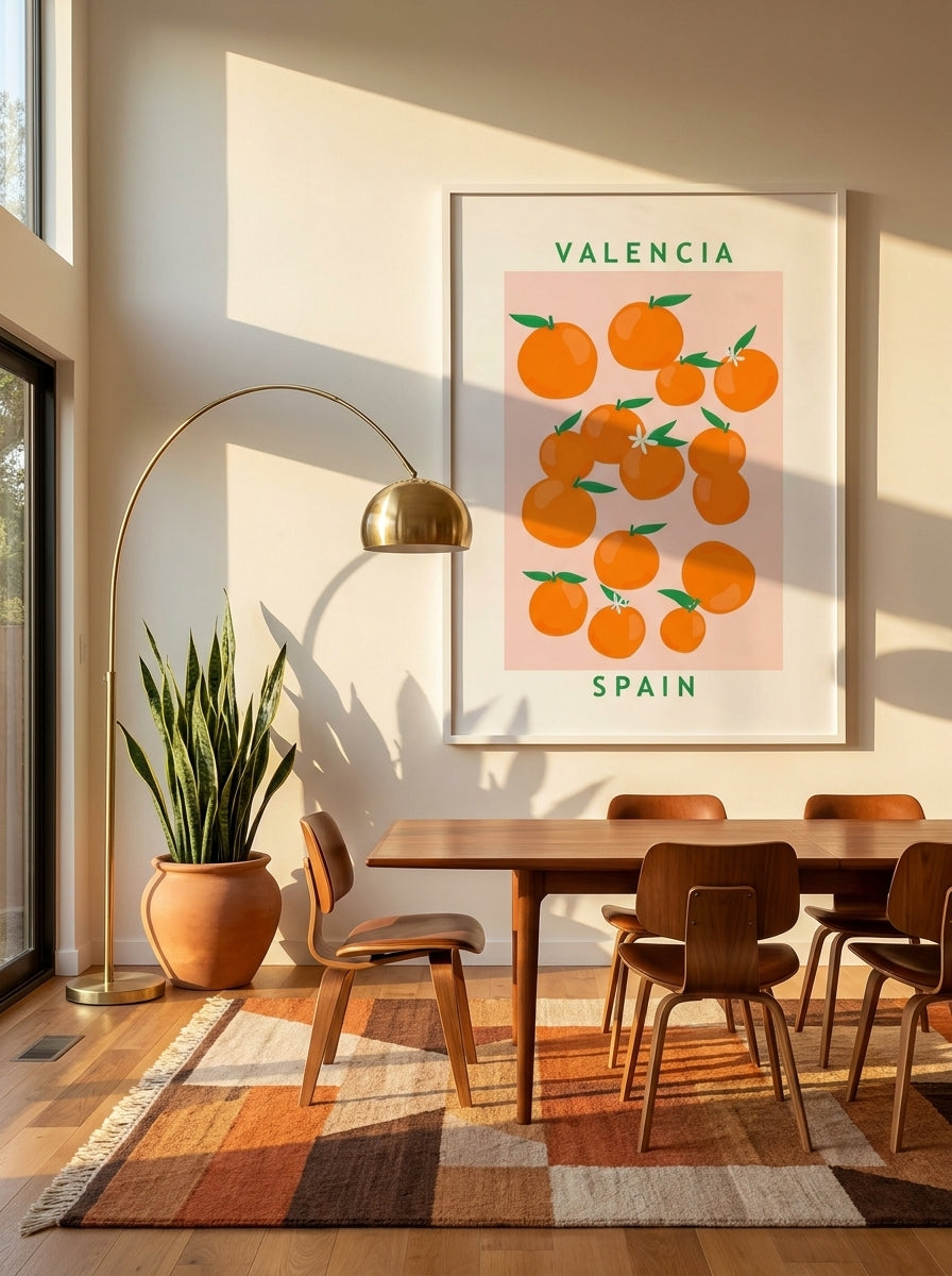 Oversized statement modern wall art print styled on the wall in a mid-century dining room