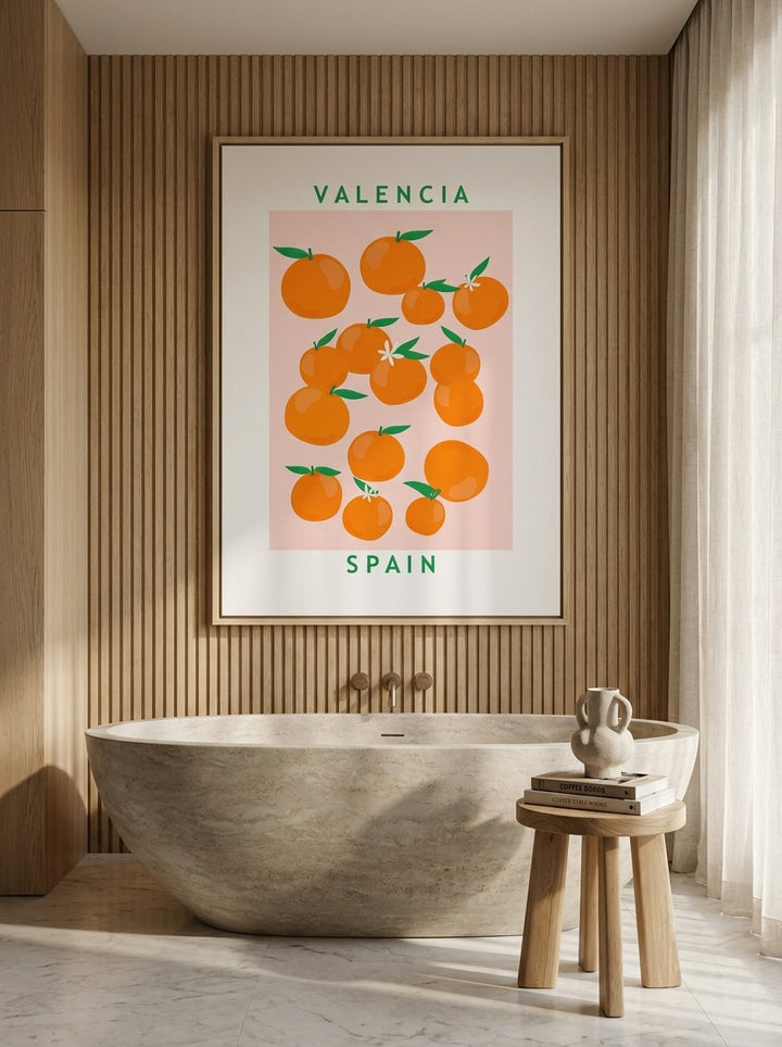 Oversized statement canvas wall art with a natural timber surround styled on the wall in a luxe bathroom