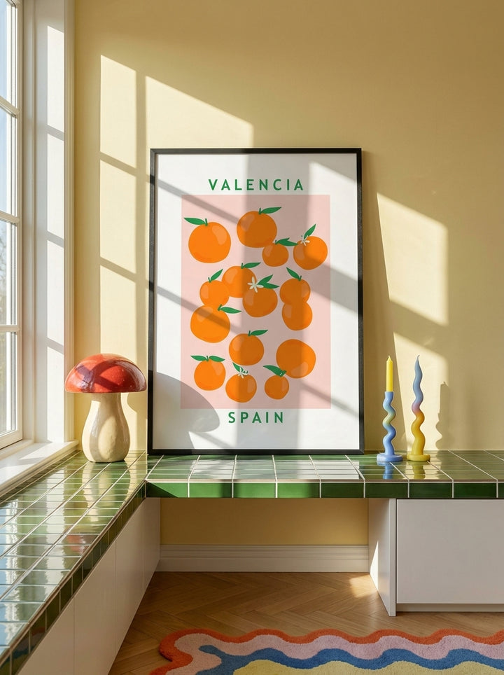 Modern wall art print standing on a kitchen bench in a colourful eclectic kitchen