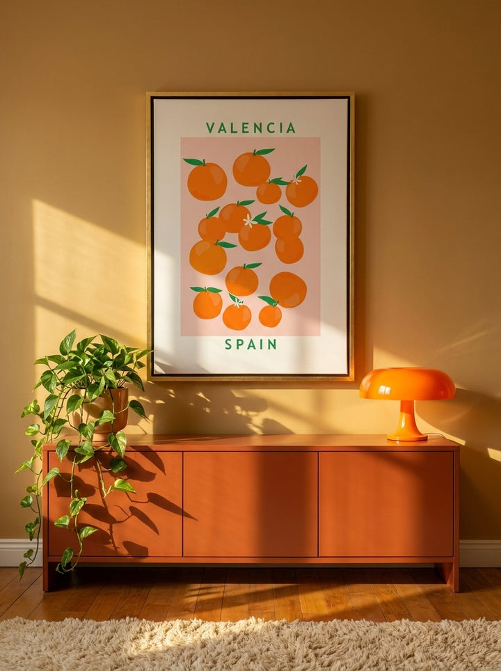 Canvas wall art with a gold leaf surround styled on the wall in a retro 70s living room