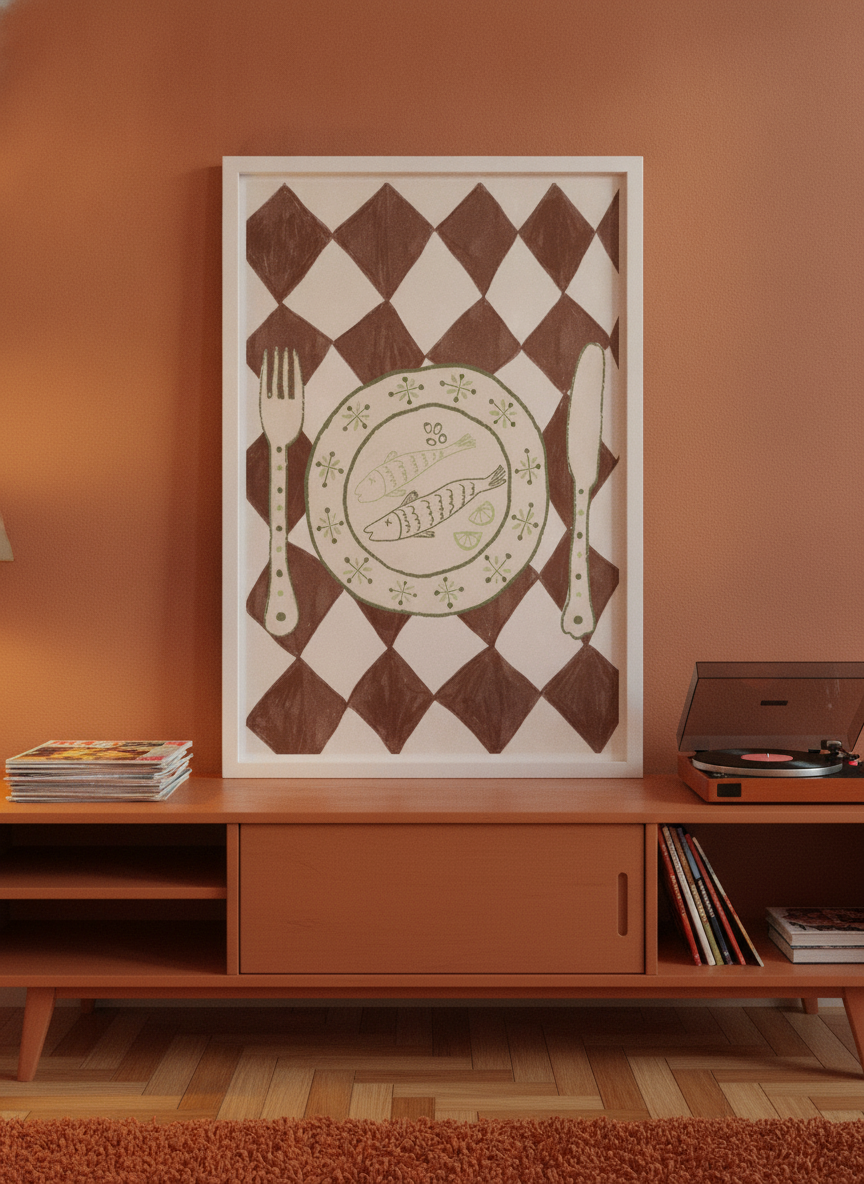 Modern wall art print standing on a sideboard in a retro 70s living room