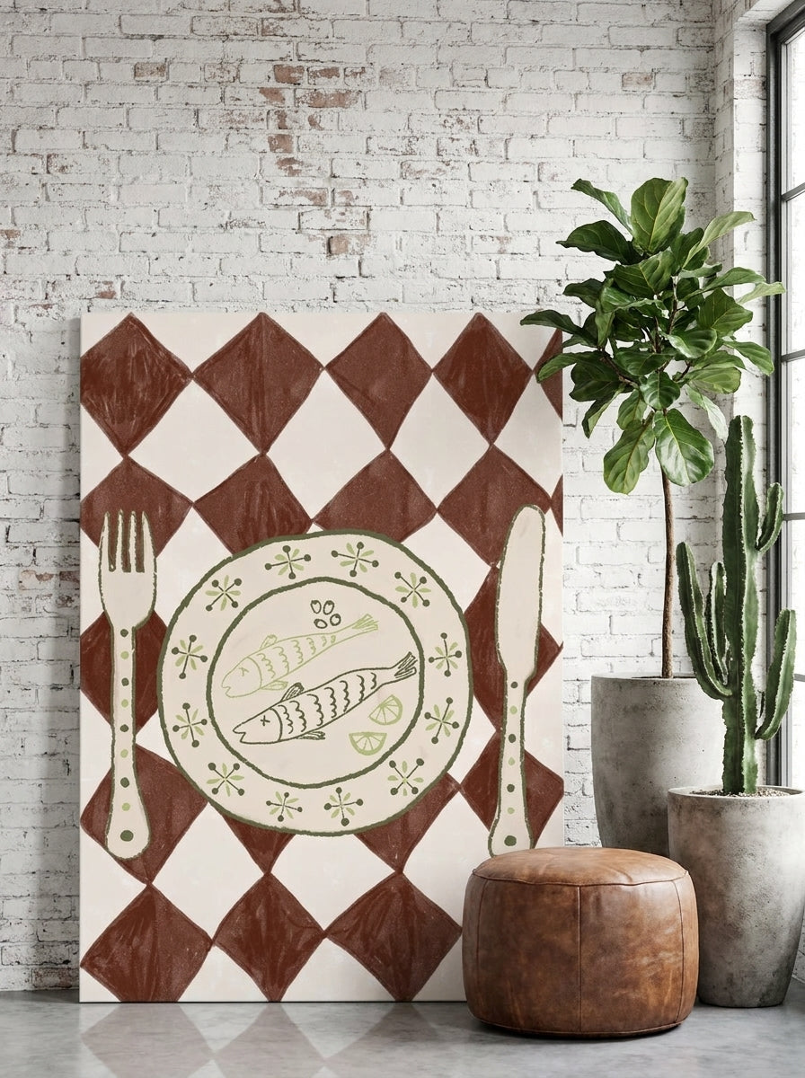 Stretched canvas wall art leaning against the wall in an industrial loft kitchen
