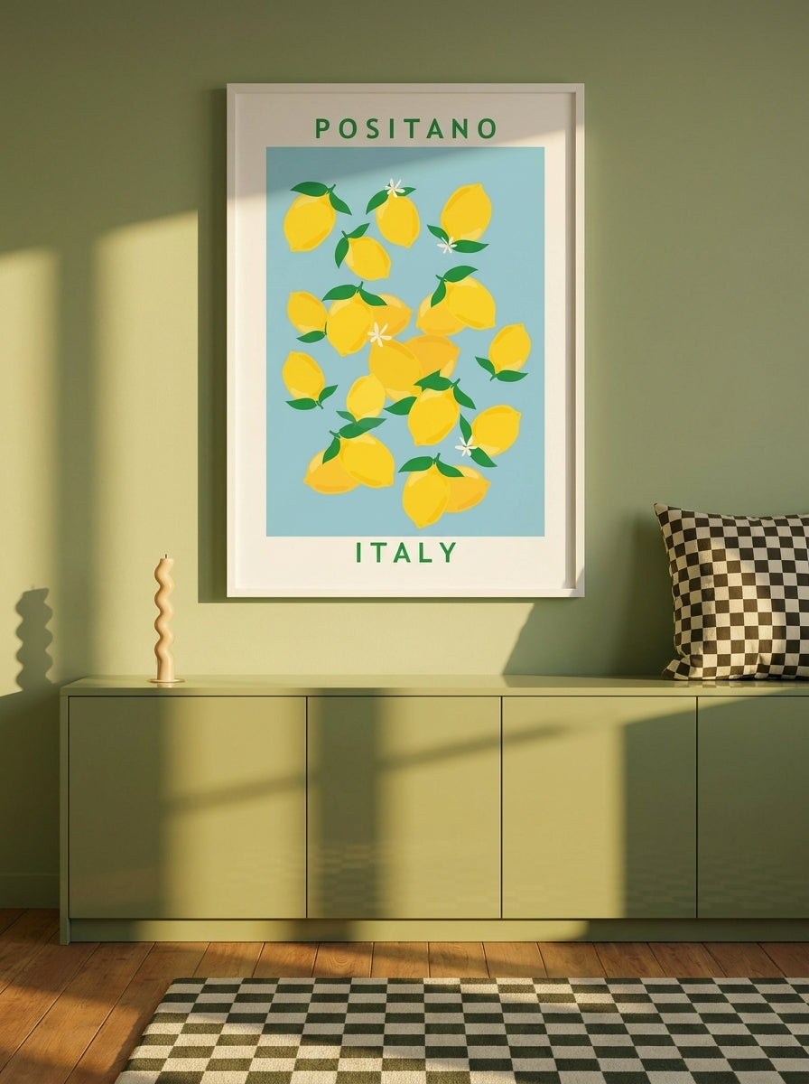 Modern wall art print styled on the wall in a colourful eclectic kitchen