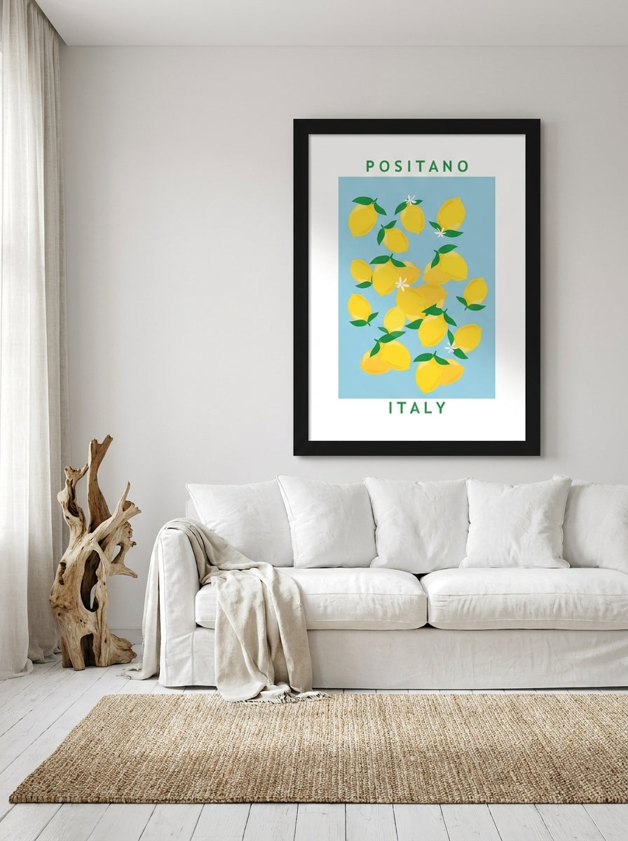 Oversized statement modern wall art print styled on the wall in a coastal living room