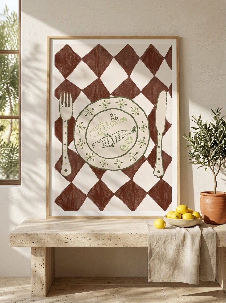 Modern wall art print styled on the wall in a Mediterranean kitchen