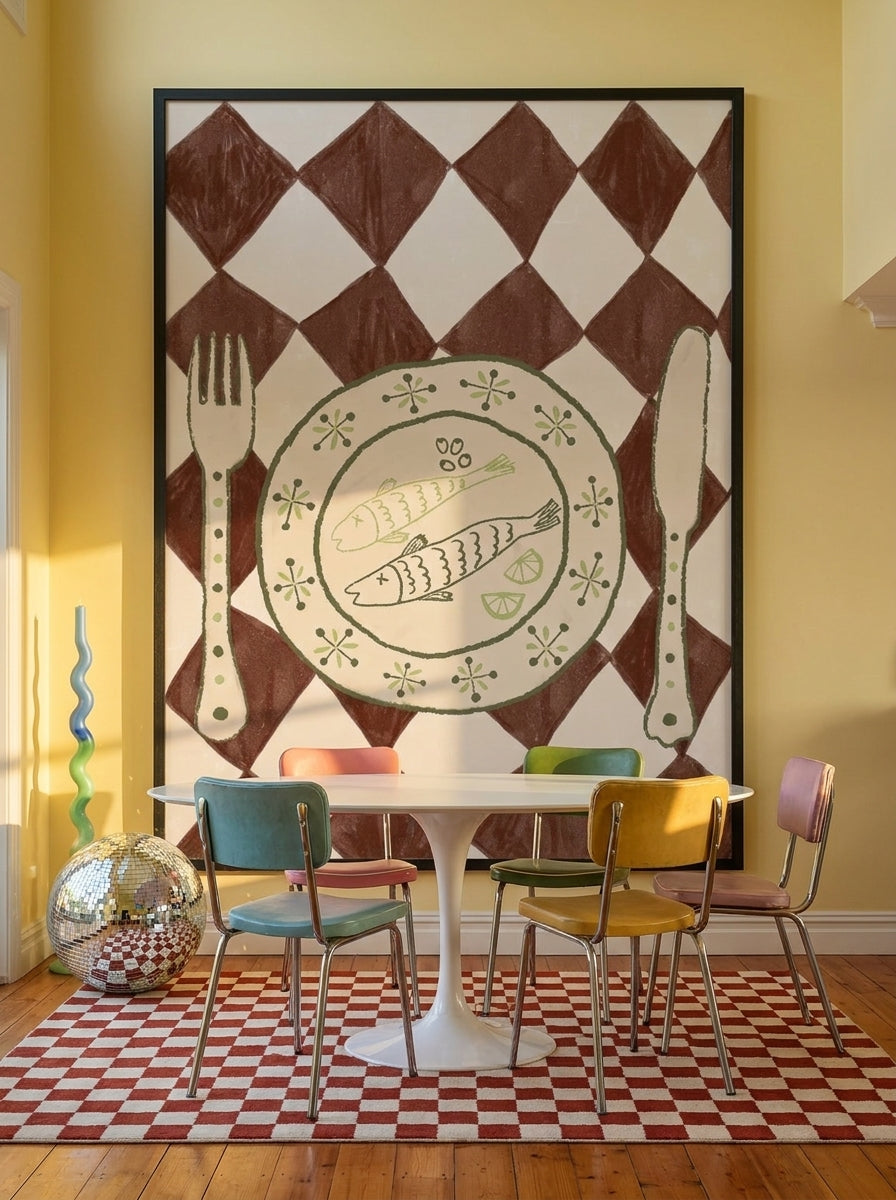 Oversized statement modern wall art print styled on the wall in a colourful eclectic dining room