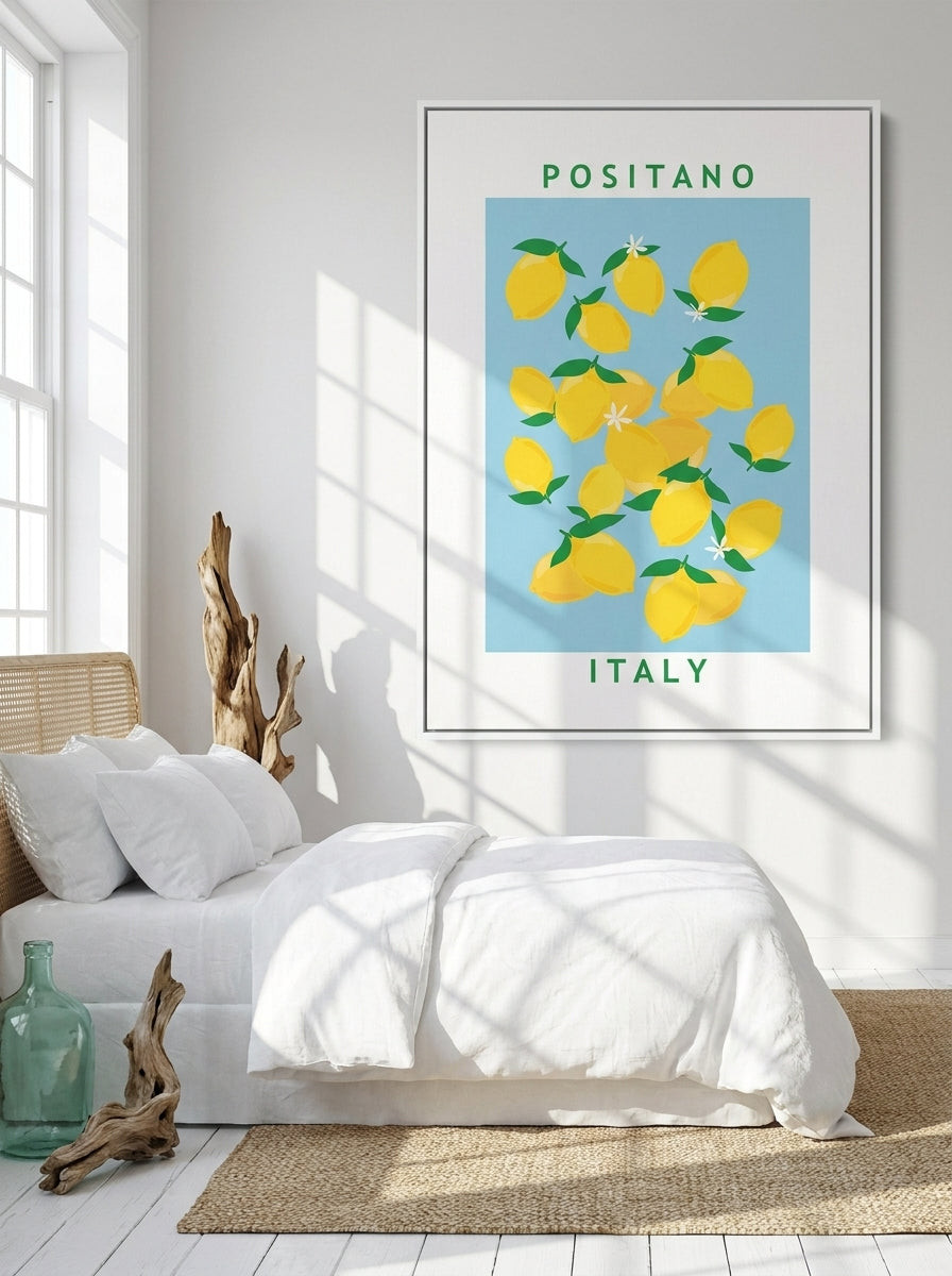 Oversized statement canvas wall art with a white surround styled on the wall in a coastal bedroom