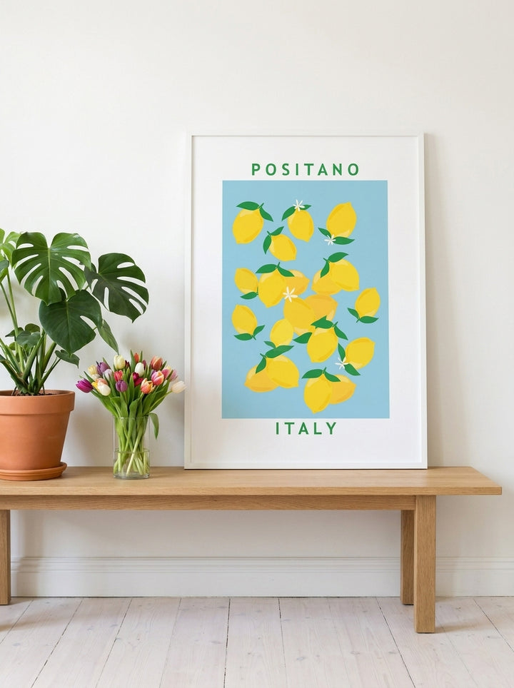Modern wall art print standing on a bench in a bright Scandinavian living room