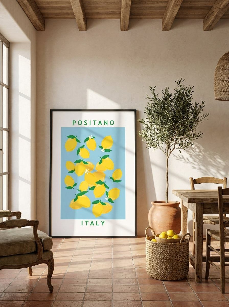 Oversized statement modern wall art print leaning against the wall in a Mediterranean dining room