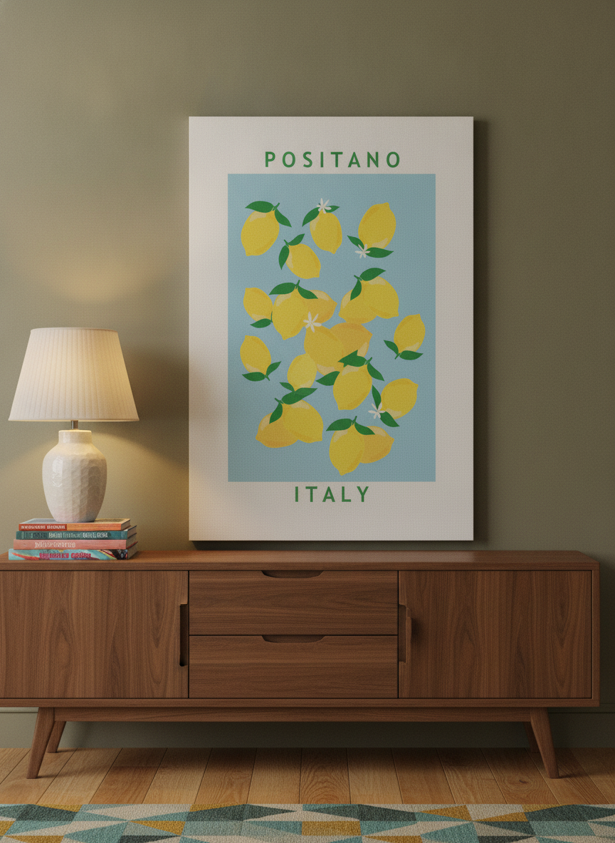 Stretched canvas wall art standing on a sideboard in a mid-century dining room