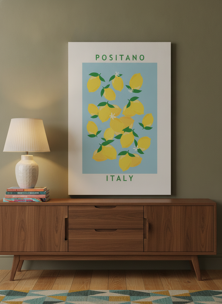 Stretched canvas wall art standing on a sideboard in a mid-century dining room