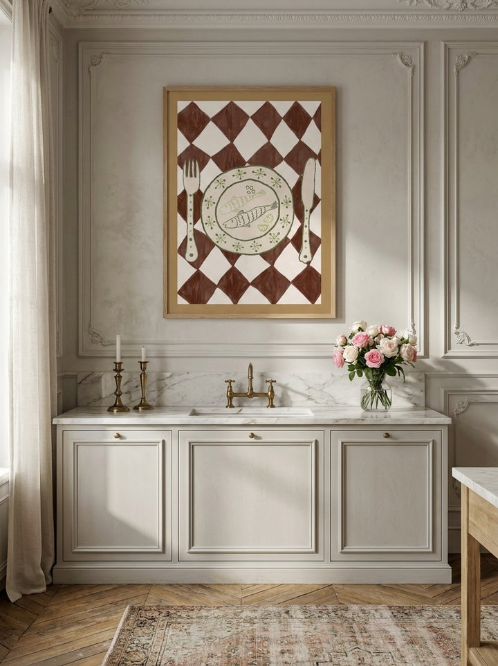 Modern wall art print styled on the wall in a Parisian kitchen