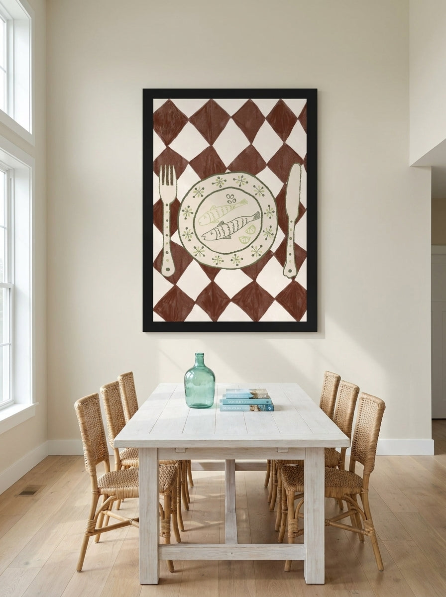 Oversized statement modern wall art print styled on the wall in a coastal dining room