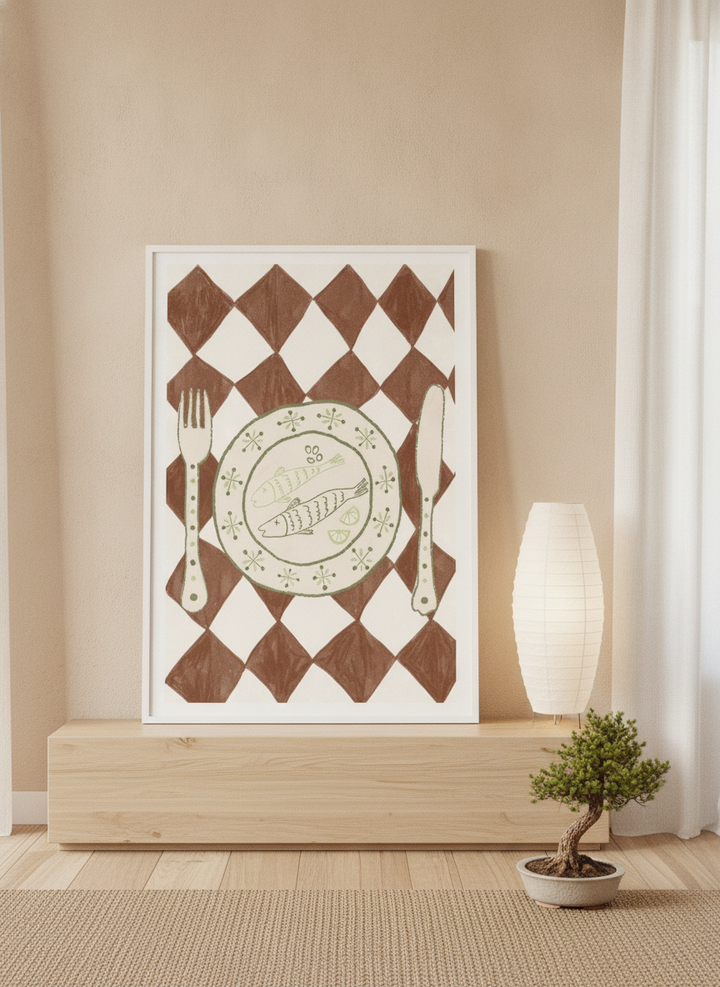 Modern wall art print standing on a sideboard in a warm Japandi living room