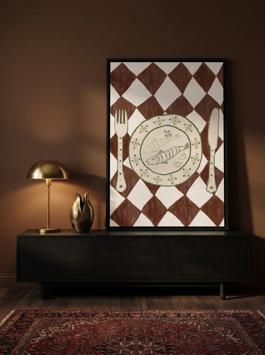 Canvas wall art with a black surround standing on a console in a moody living room