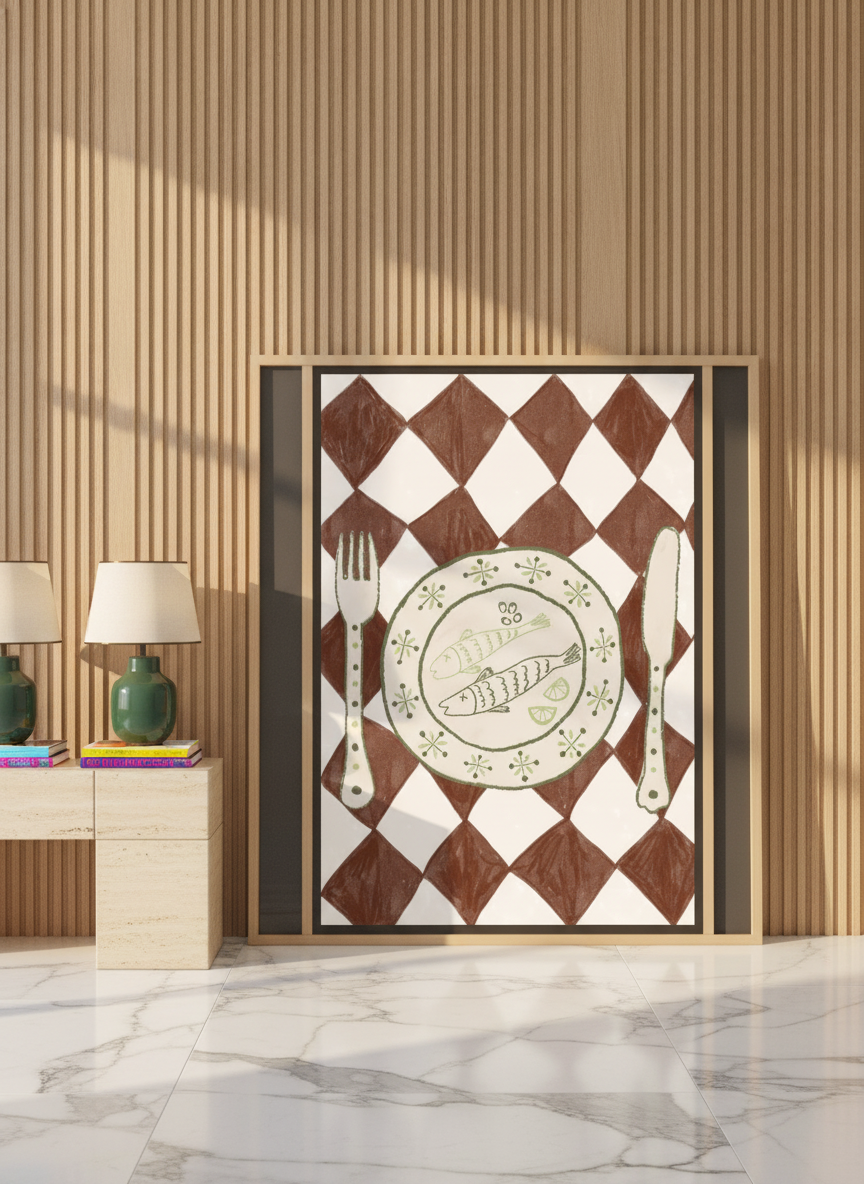 Oversized statement canvas wall art with a natural timber surround leaning against the wall in a luxe dining room