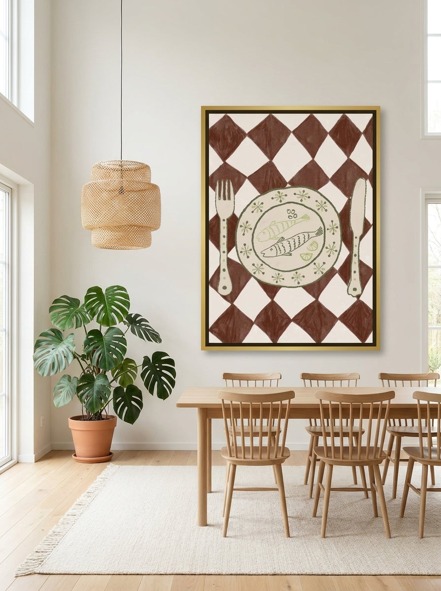 Oversized statement canvas wall art with a gold leaf surround styled on the wall in a bright Scandinavian dining room