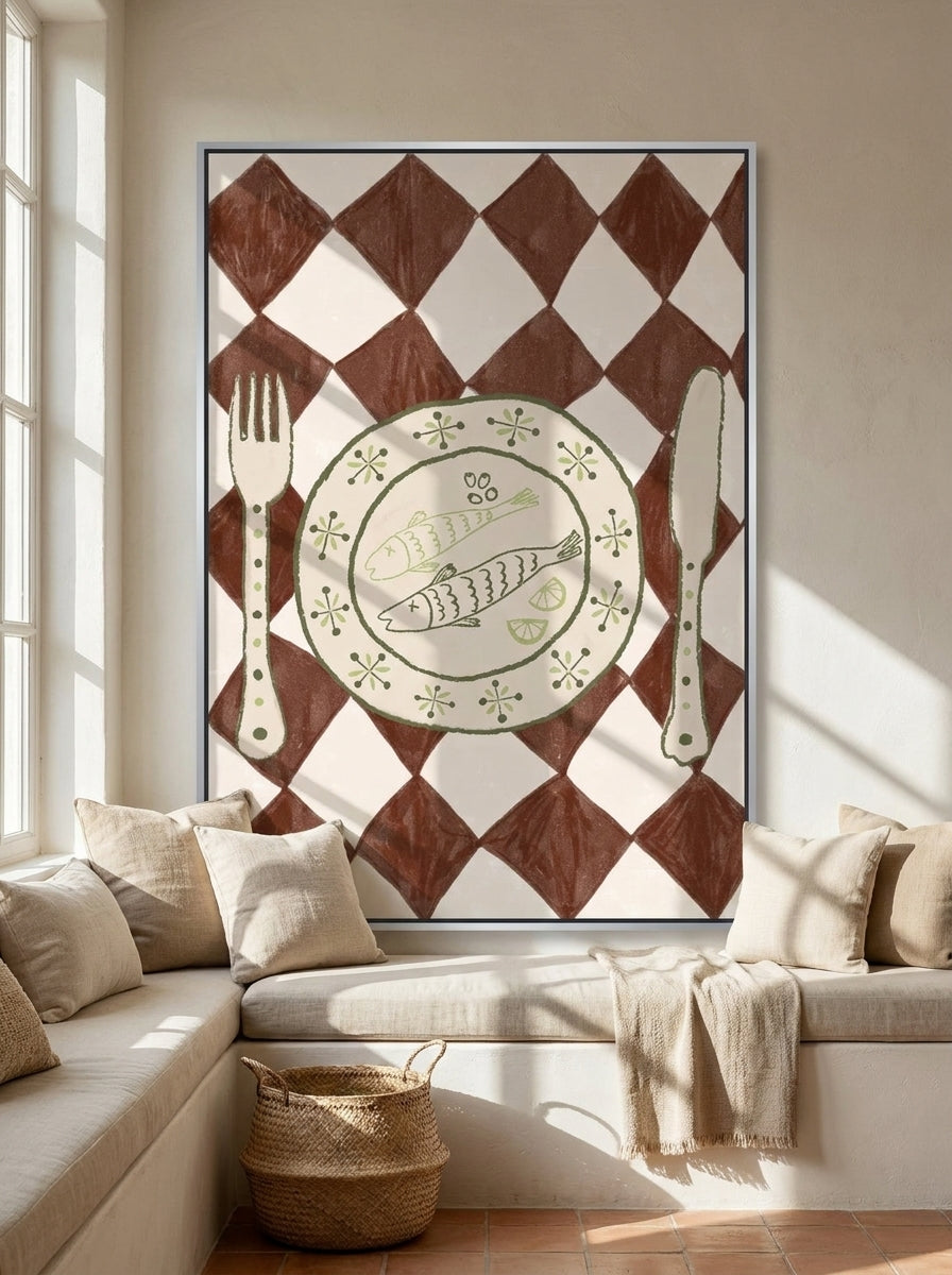 Canvas wall art with a silver leaf surround styled on the wall in a Mediterranean living room
