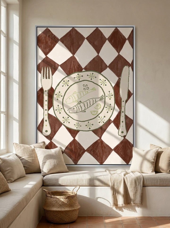 Canvas wall art with a silver leaf surround styled on the wall in a Mediterranean living room