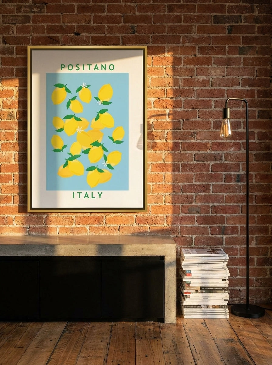 Canvas wall art with a gold leaf surround styled on the wall in an industrial loft kitchen