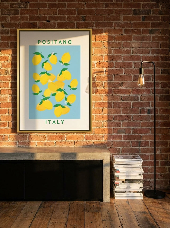 Canvas wall art with a gold leaf surround styled on the wall in an industrial loft kitchen