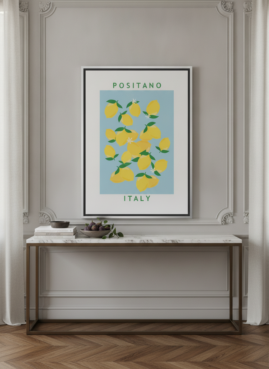 Canvas wall art with a silver leaf surround standing on a console in a Parisian dining room