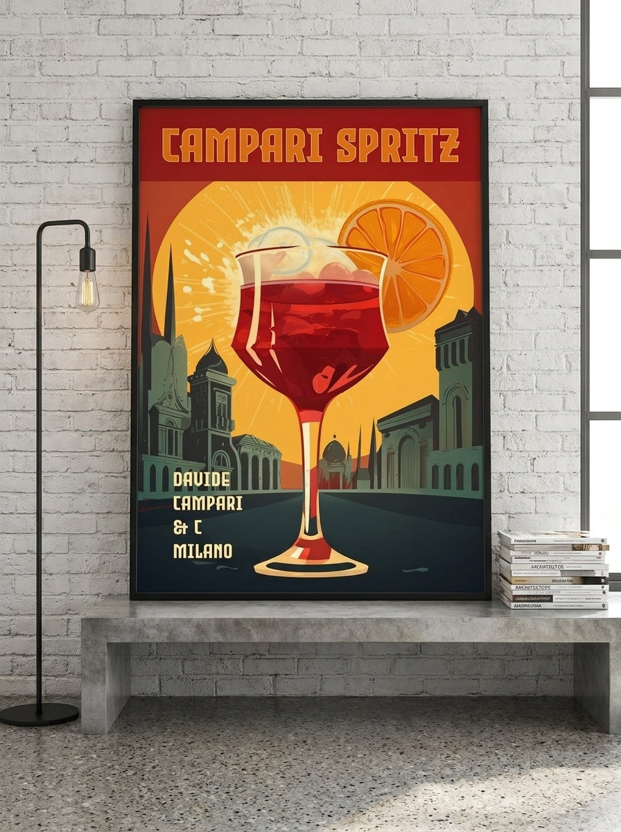 Modern wall art print standing on a kitchen bench in an industrial loft kitchen