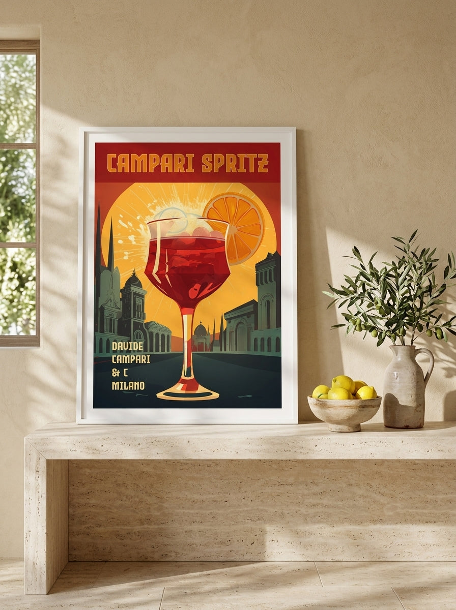 Modern wall art print standing on a console in a Mediterranean living room