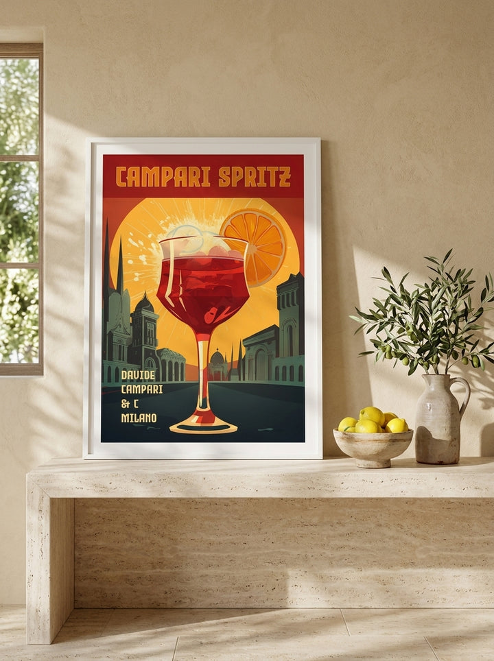 Modern wall art print standing on a console in a Mediterranean living room