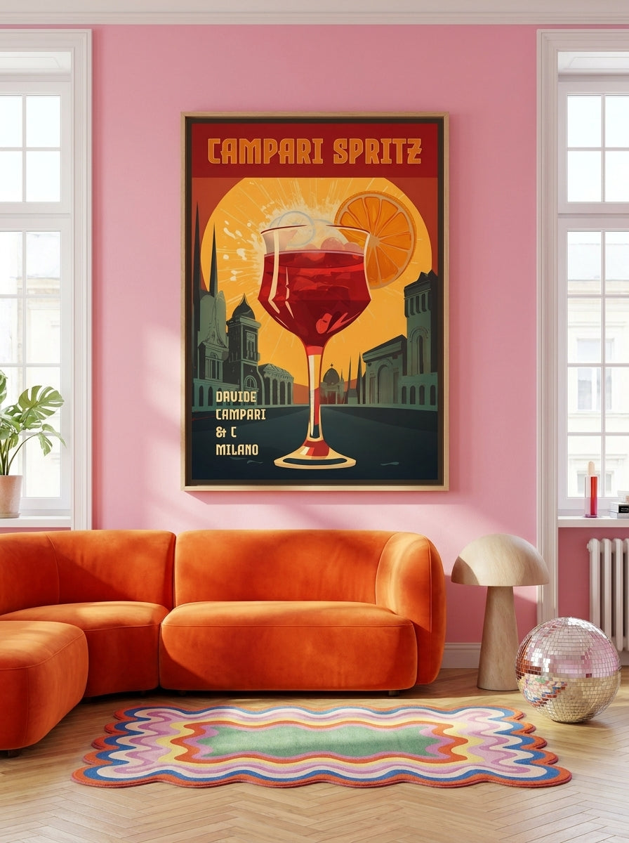 Oversized statement canvas wall art with a natural timber surround styled on the wall in a colourful eclectic living room