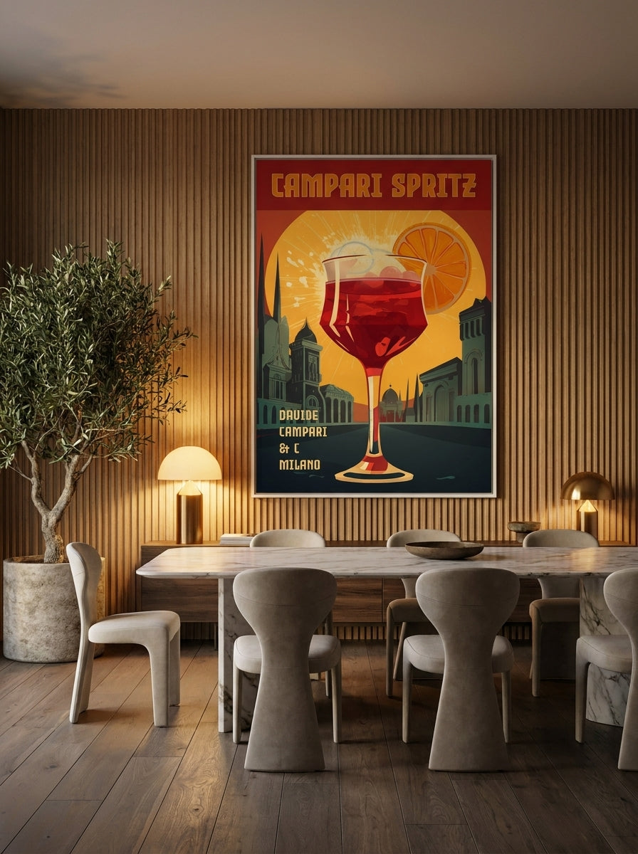 Oversized statement canvas wall art with a white surround styled on the wall in a luxe dining room